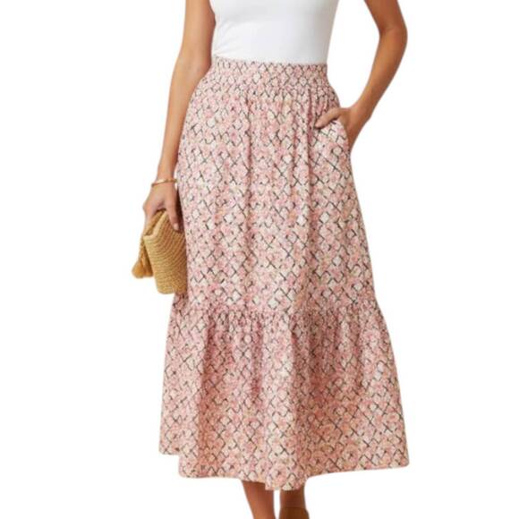 NEW LORETTA CAPONI nuvola high-waisted long skirt in pergola rose